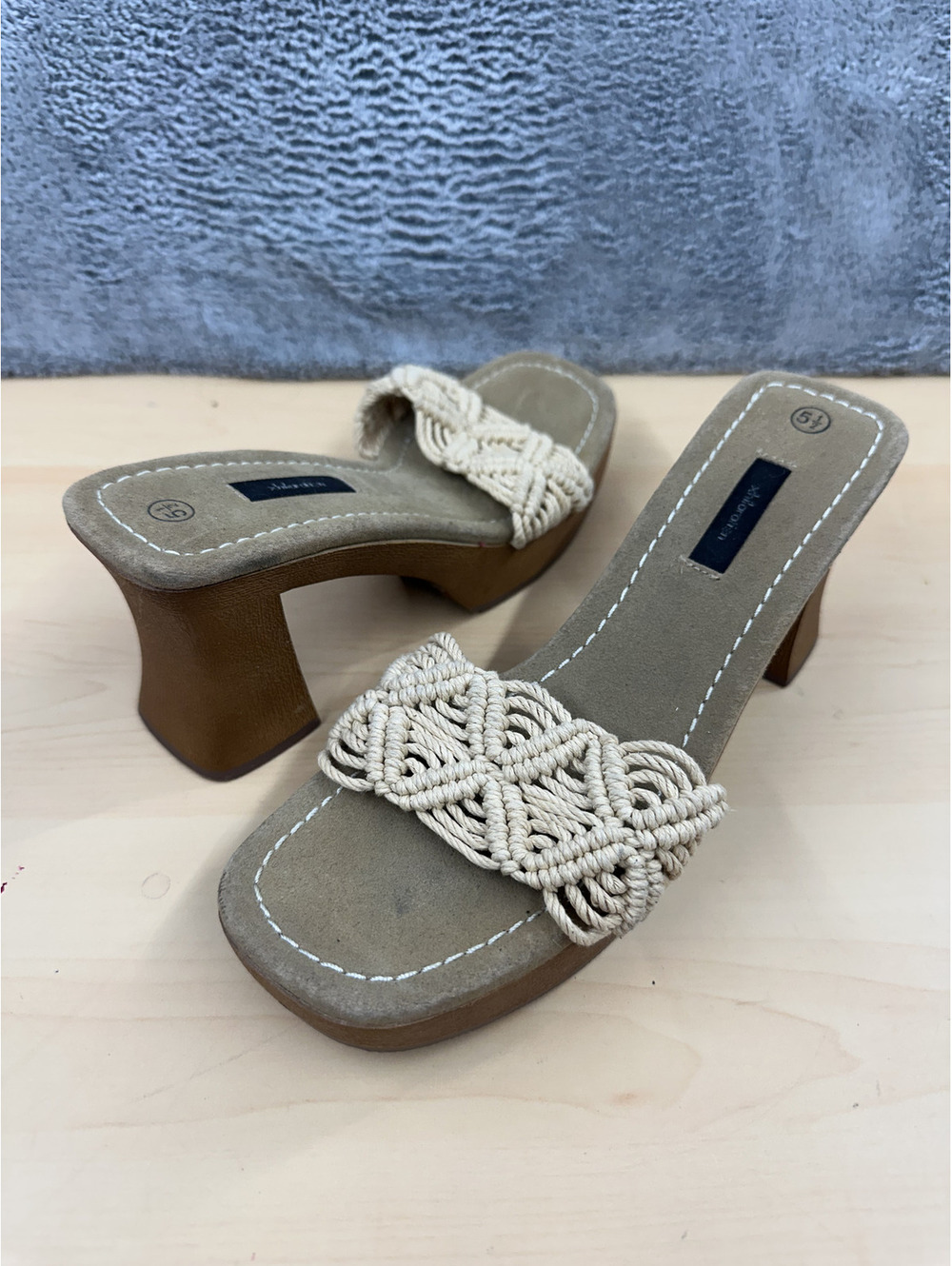 Xhilaration Y2K Macrame Chunky Flared Block Heel Sandals Tan Brown